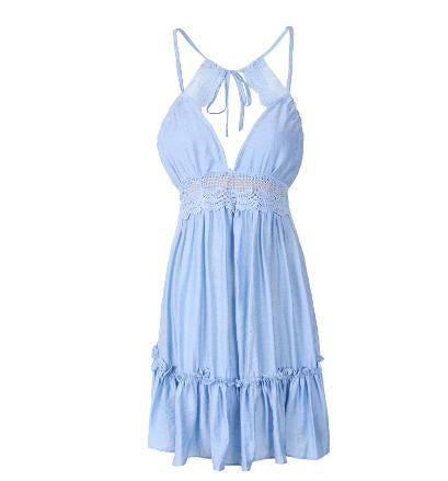 Light blue short boho halter dress with thin straps and lace details. 