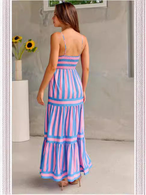 Tropical Stripes Tiered Maxi Dress