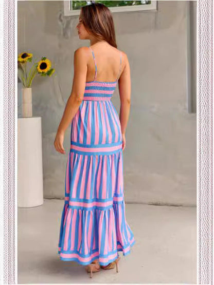 Tropical Stripes Tiered Maxi Dress