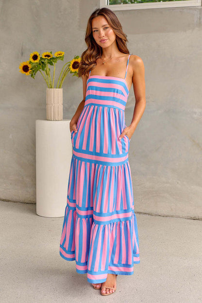 Tropical Stripes Tiered Maxi Dress
